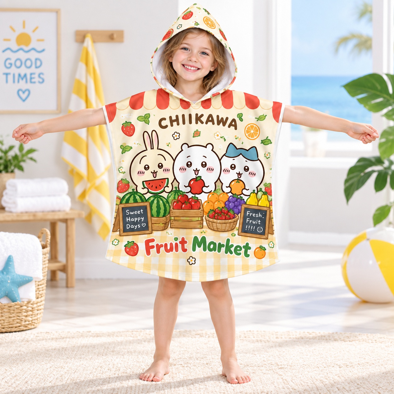 Travel Accessories Baby - ผ้าเช็ดตัวมีฮู้ดลายการ์ตูนน่ารักสำหรับเด็ก ผ้าคลุมอาบน้ำสำหรับเด็กทารก ผ้าเช็ดตัวชายหาด ผ้าคลุมอาบน้ำเด็กนุ่ม ผ้าคลุมลายผลไม้สำหรับเดินทางในฤดูร้อน